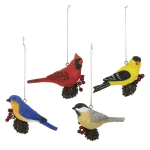 Bird on Pinecone Ornaments (4 asstd)