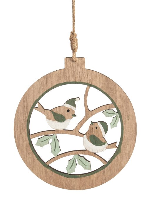 Wooden Disk Ornament with Green Birds