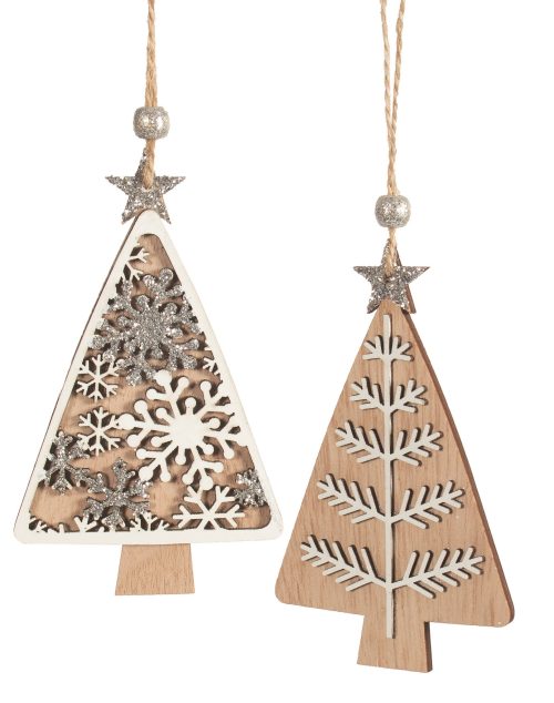 Wood Tree ornaments with Silver 2 ass't