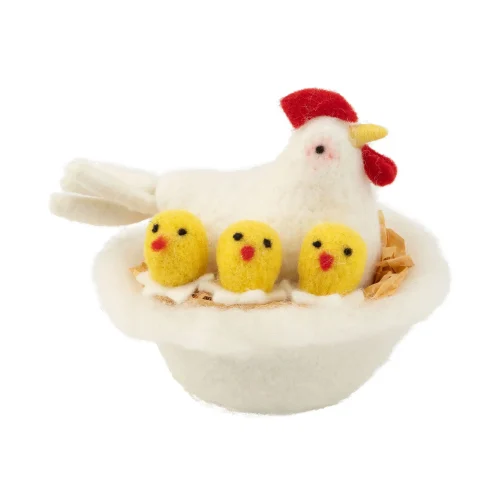 Felt Rooster with Chicks in Nest